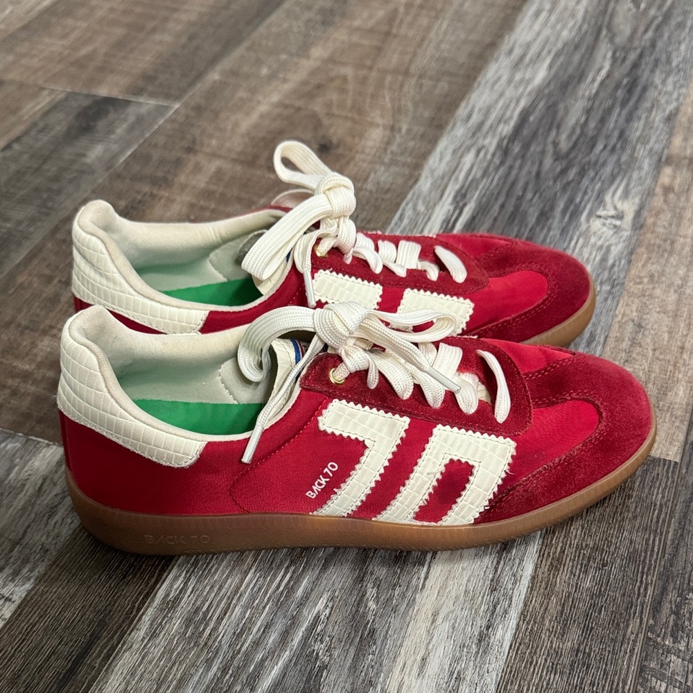 Red Suede & Leather Lace-Up Sneakers - Cream Accents